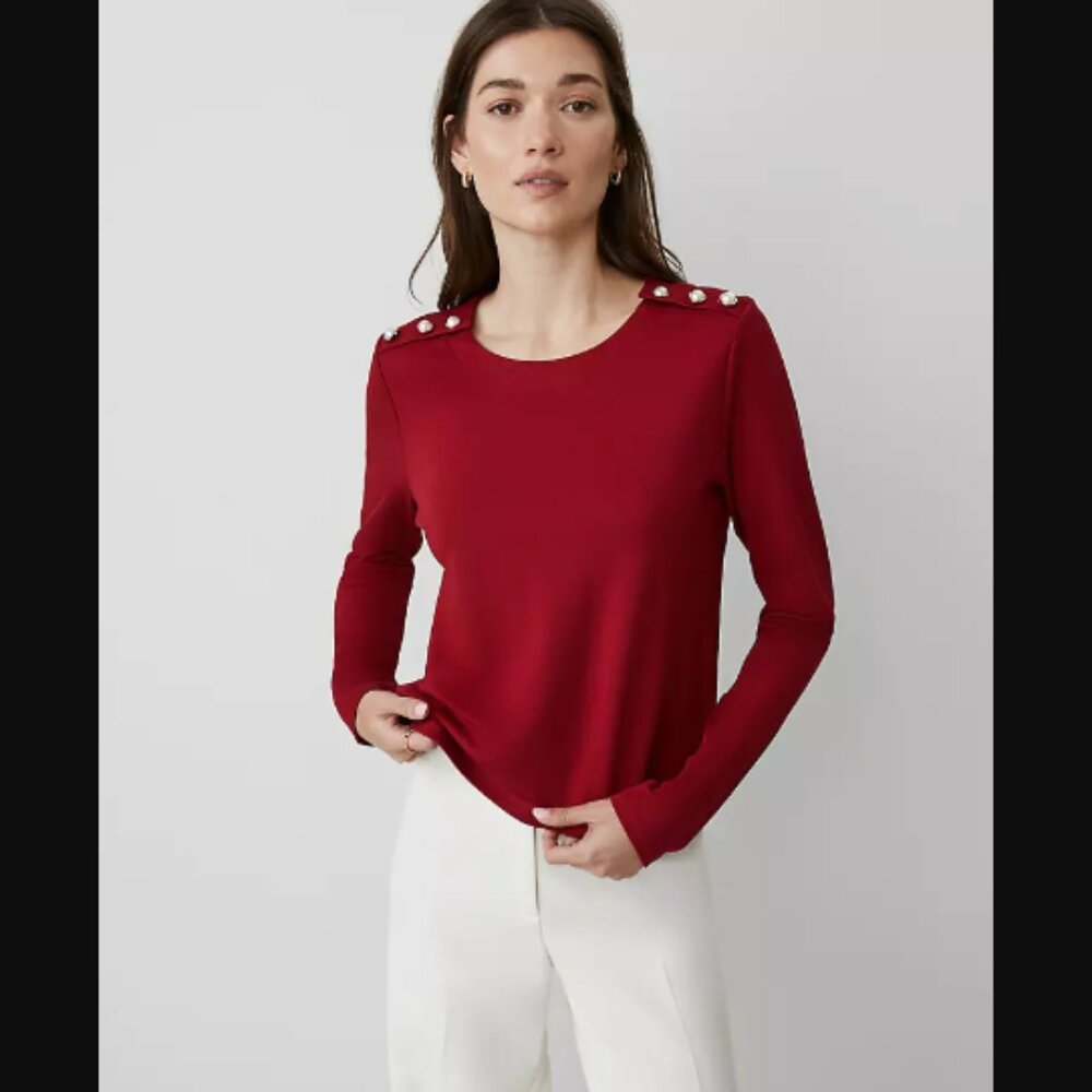 Ann Taylor Button-Shoulder Ponte Top Long Sleeve Shade Red Size XL Retail $69.50